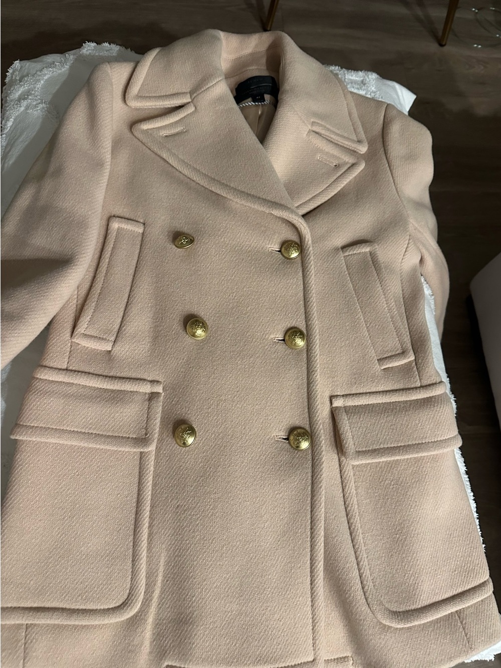 J. Crew Double-Breasted Peacoat in Blush Pink with Gold Buttons